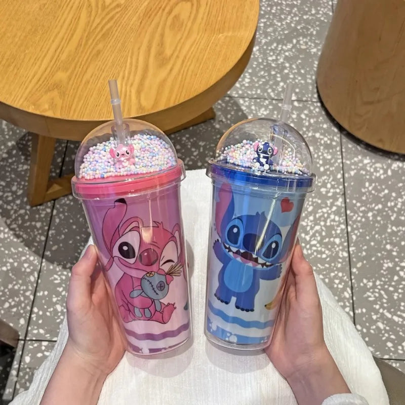 450ML Disney Stich Stroh Tassen Anime Cartoon Stich Doppel-schicht Kunststoff Wasser Tasse Kinder Tragbare Gewässer Flasche für kinder Geschenke