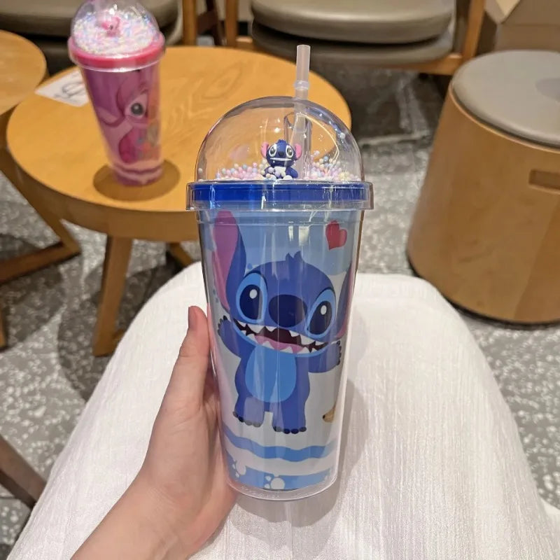 450ML Disney Stich Stroh Tassen Anime Cartoon Stich Doppel-schicht Kunststoff Wasser Tasse Kinder Tragbare Gewässer Flasche für kinder Geschenke