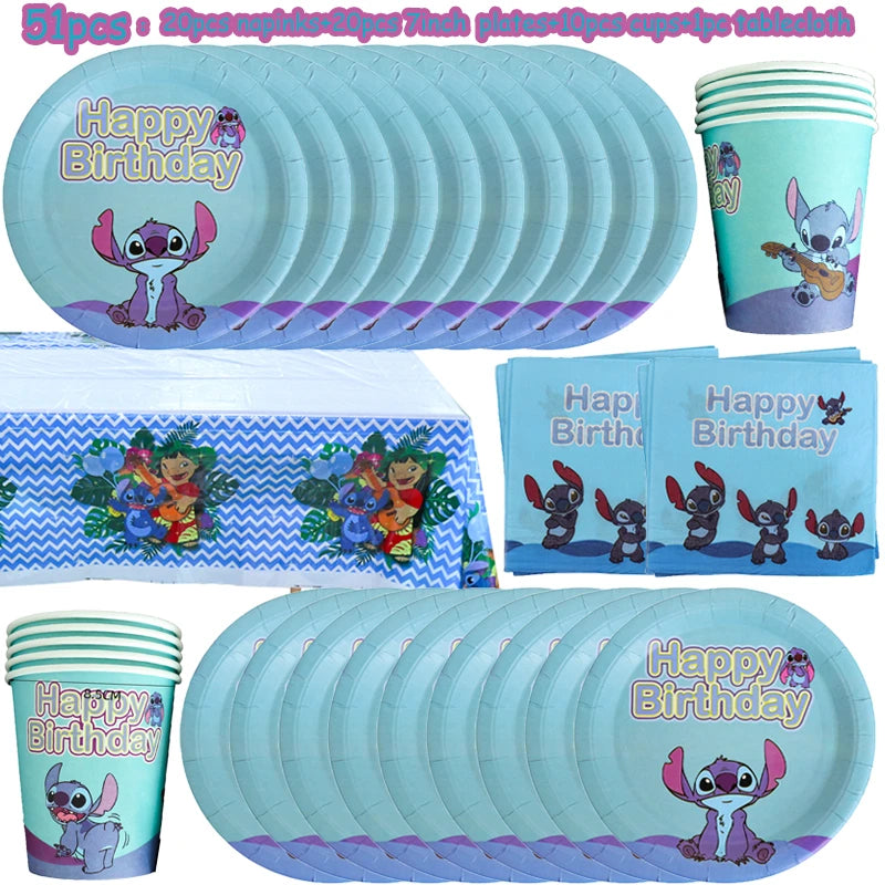Disney Lilo und Stitch Geburtstagsparty-Dekorationen, Mix-Teller, Tasse, Serviette, Tischdecke, Stitch, Partygeschenke für Kinder, Zubehör, Deko-Set