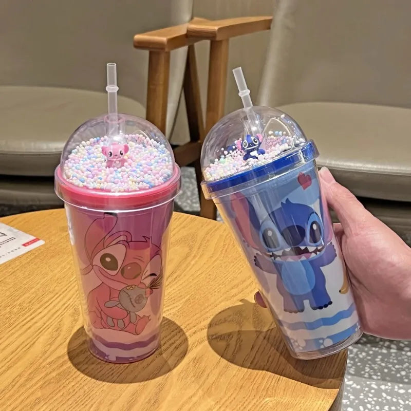 450ML Disney Stich Stroh Tassen Anime Cartoon Stich Doppel-schicht Kunststoff Wasser Tasse Kinder Tragbare Gewässer Flasche für kinder Geschenke