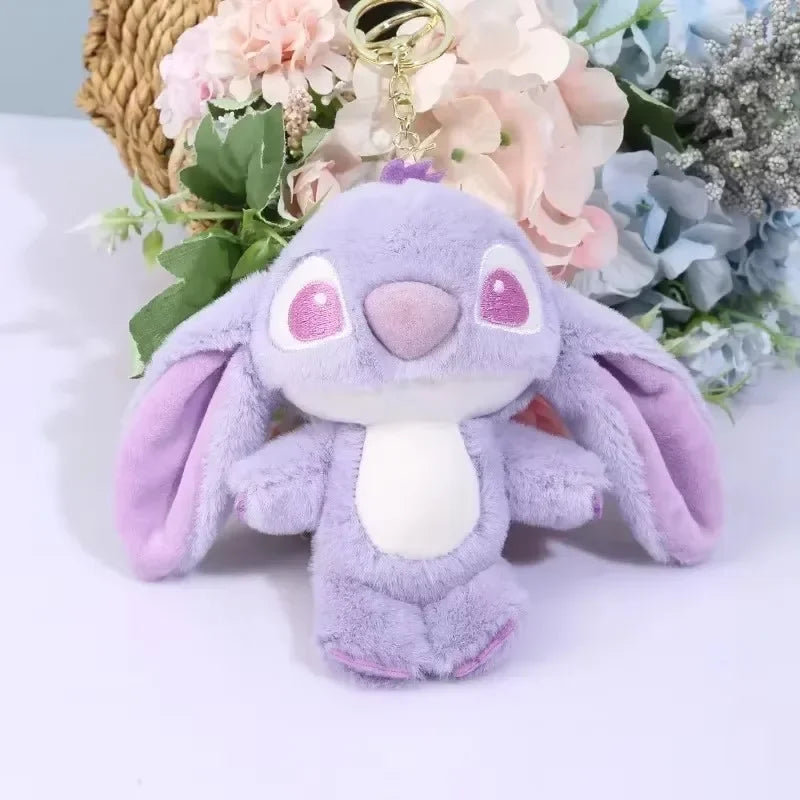 Cartoon Stitch Plüsch-Schlüsselanhänger, weiches Spielzeug, niedlicher Stofftier-Anhänger, Geschenk für Mädchen, Engel, Puppe, Taschenanhänger, Kindergeburtstagsgeschenk
