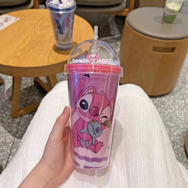 450ML Disney Stich Stroh Tassen Anime Cartoon Stich Doppel-schicht Kunststoff Wasser Tasse Kinder Tragbare Gewässer Flasche für kinder Geschenke