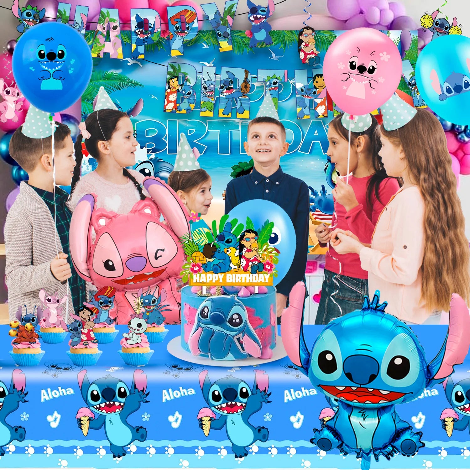 Stitch Party Supplies, 36 Stück Stitch Geburtstagsdekorationen – Stitch Ballon Tischdecke Hintergrund usw. Stitch Birthday Party Supplies