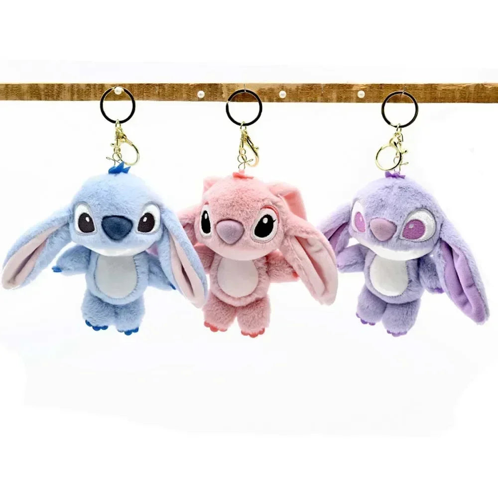 Cartoon Stitch Plüsch-Schlüsselanhänger, weiches Spielzeug, niedlicher Stofftier-Anhänger, Geschenk für Mädchen, Engel, Puppe, Taschenanhänger, Kindergeburtstagsgeschenk
