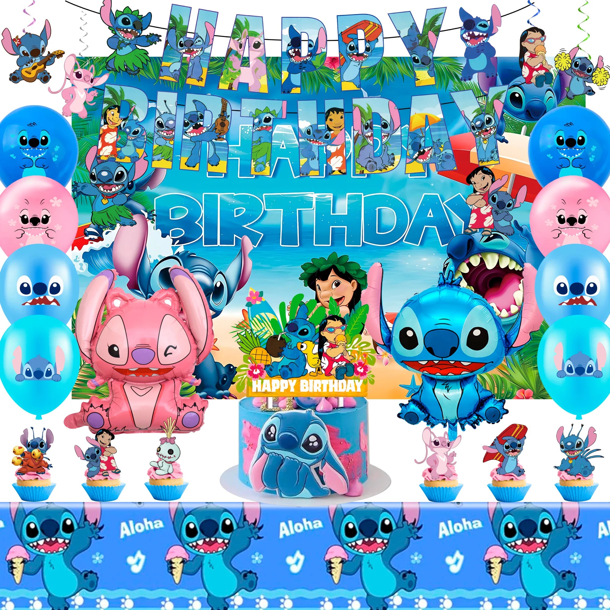 Stitch Party Supplies, 36 Stück Stitch Geburtstagsdekorationen – Stitch Ballon Tischdecke Hintergrund usw. Stitch Birthday Party Supplies