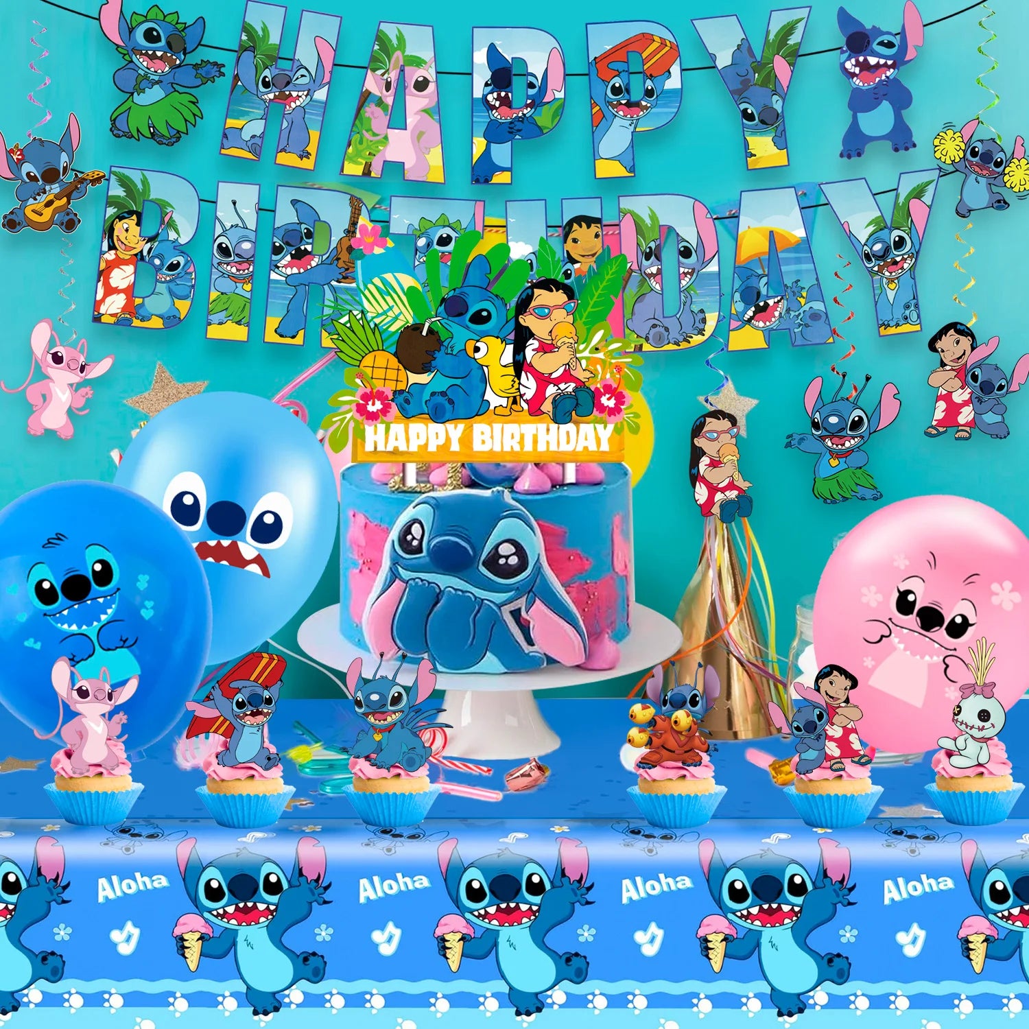 Stitch Party Supplies, 36 Stück Stitch Geburtstagsdekorationen – Stitch Ballon Tischdecke Hintergrund usw. Stitch Birthday Party Supplies
