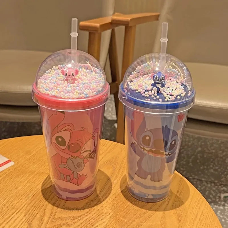 450ML Disney Stich Stroh Tassen Anime Cartoon Stich Doppel-schicht Kunststoff Wasser Tasse Kinder Tragbare Gewässer Flasche für kinder Geschenke
