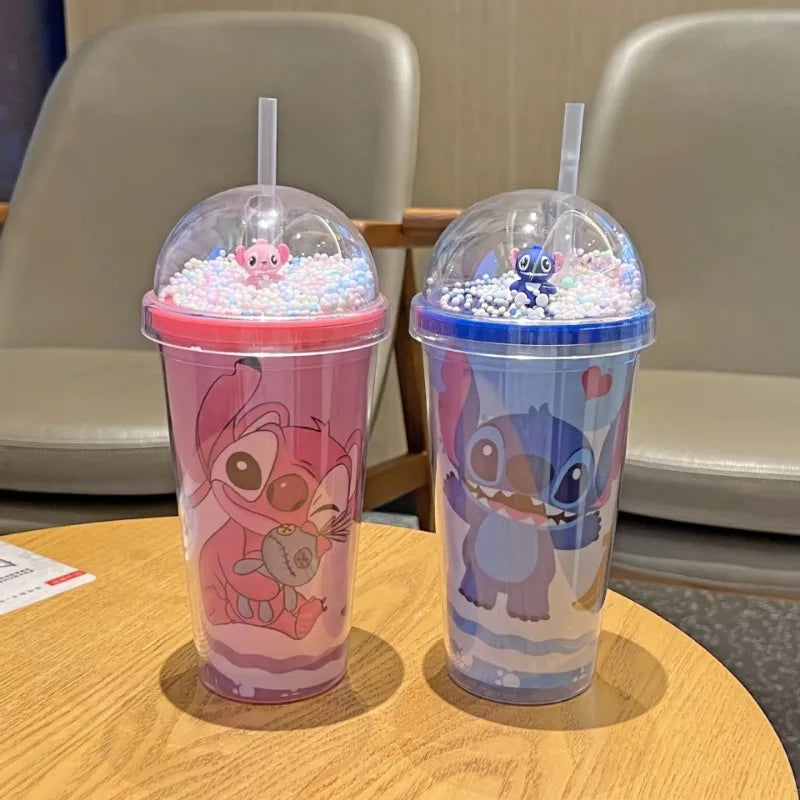 450ML Disney Stich Stroh Tassen Anime Cartoon Stich Doppel-schicht Kunststoff Wasser Tasse Kinder Tragbare Gewässer Flasche für kinder Geschenke