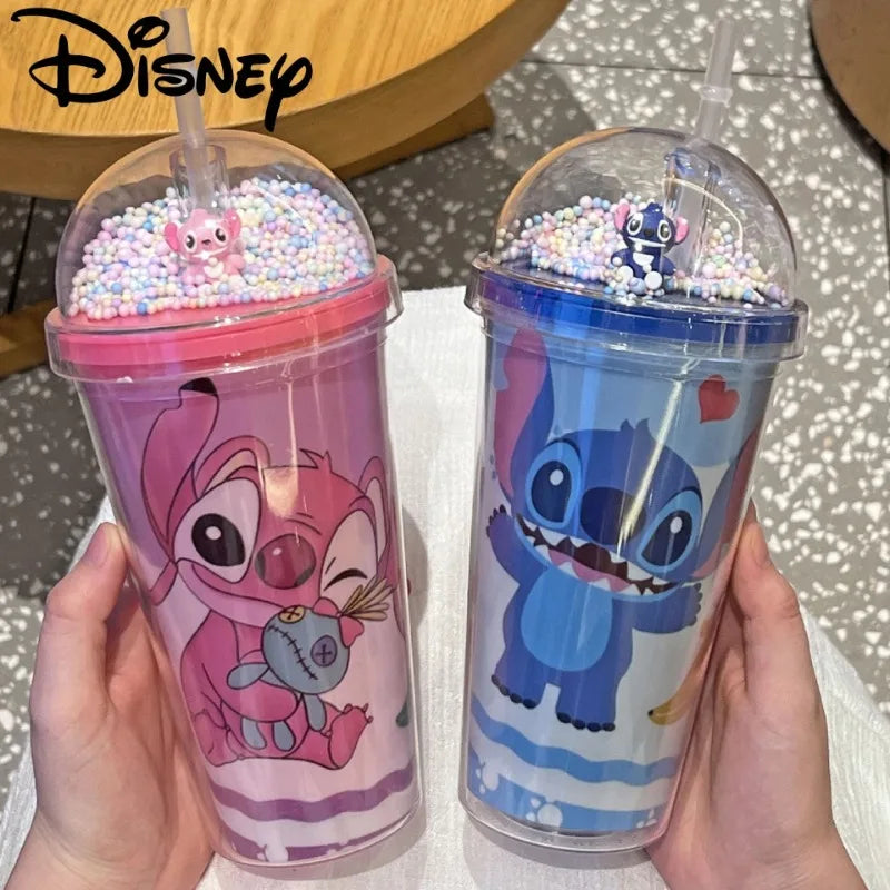 450ML Disney Stich Stroh Tassen Anime Cartoon Stich Doppel-schicht Kunststoff Wasser Tasse Kinder Tragbare Gewässer Flasche für kinder Geschenke